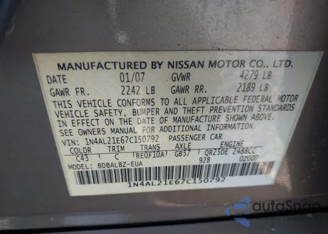 2007 Nissan Altima 2.5 S from USA, damaged, VIN 1N4AL21E67C150792